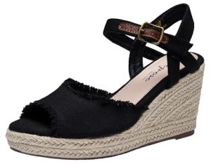 Vepose Women’s Black Wedge Sandals Peep Toe Espadrilles, Size 10, 880