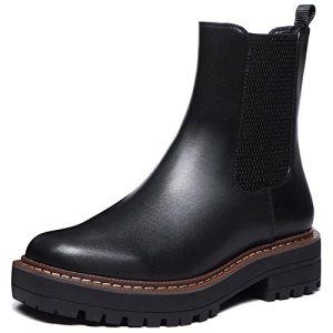 Athlefit Women’s Chelsea Ankle Boots Platform Slip On Chunky Heel Lug Sole Leath