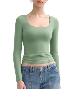PUMIEY Women’s Long Sleeve T Shirts Scoop Neck Slim Fit Going Out Tops Double Li