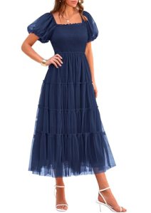 PRETTYGARDEN Women’s Summer Smocked Midi Tulle Dress, Navy,L