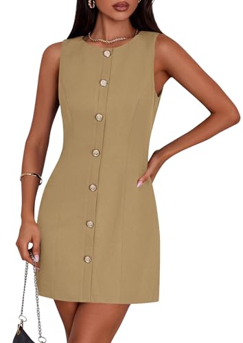 PRETTYGARDEN Women Business Casual Cocktail Work Short Dress,Khaki,XXL