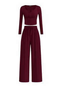 PRETTYGARDEN Women’s Fall 2 Piece Matching Lounge Sets (Burgundy,Medium)