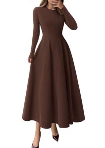 PRETTYGARDEN Women’s Long Sleeve A Line Midi Cocktail Dress, Brown,XL