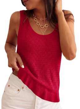 PRETTYGARDEN Women’s Summer Crochet Knit Tank Tops,Red,XXL