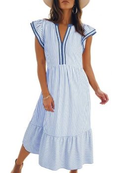 Dokotoo Womens Dresses V-Neck Cap Sleeve Empire Waist Dress Light Blue 2XL