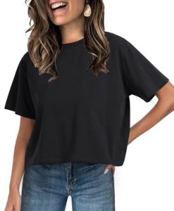 UNCLECAT Womens Short Sleeve Crop Tops Summer Basic Cropped T Shirts Black