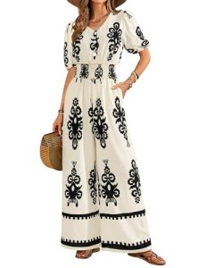 LOOKBOHO Women’s Jumpsuits Dressy Boho Floral Short Sleeve Wide Leg Outfits