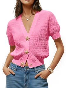 Saodimallsu Womens Puff Short Sleeve Cardigans Lightweight Sweater Tops
