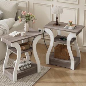 OLIXIS End Table with Charging Station, Modern Curved Nightstand Set of 2