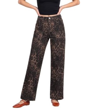 luvamia Wide Leg Leopard Pants Cheetah Print Jeans Brown Leopard Size M