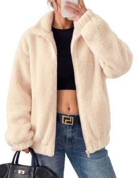 GRACE KARIN Women’s Full Zip Sherpa Fleece Jacket with Pockets White M
