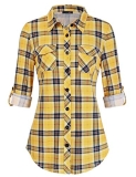 DJT Womens Soft Stretchy Knit Plaid Shirts Roll Up Long Sleeve Collared Button D