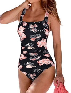 Hilor Women’s One Piece Swimsuits Shirred Tank Swimwear Vintage Tummy Control Ba