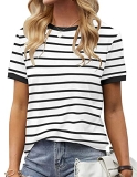 Womens T Shirt Short Sleeve Crew Neck Basic Color Block Tee Tops XX-Large Stripe