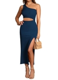 Pink Queen Women’s Summer One Shoulder Sleeveless Cutout Ribbed Slit Bodycon Pen