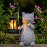 Qeeman Solar Cat Garden Statue: Weatherproof Resin Figurine with Warm Glow Lante