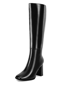 Coutgo Womens Wide Calf Knee High Boots Chunky High Heel Square Toe Fashion Leat