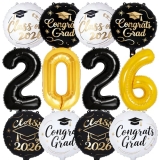 PartyWoo Graduation Balloons Class of 2026 Black White Gold 12pcs Balloons 40 In