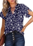 Dokotoo Womens Casual Alicia Flowy Print V Neck Smocked Short Sleeve Chiffon Blo