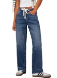 Sidefeel Women’s Drawstring Straight Leg Western Outfit High Waisted Wide Leg De