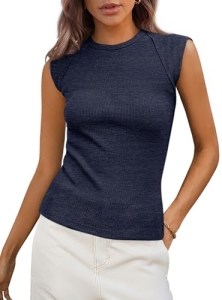 PRETTYGARDEN Women’s Cap Sleeve Ribbed Tank Tops Summer, Navy,L