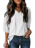 Dokotoo Summer Tops for Women 2026 Casual Tassel Tie V-Neck 3/4 Puff Sleeve Tops