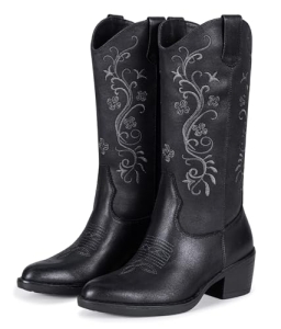 Vepose Women’s Black Mid Calf Pointed Toe Cowboy Boots, Size 7, 9802