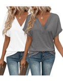 EyMuse 2 PCS Short Sleeve V Neck Womens Basic Tops Casual Loose Fit T Shirts Sof