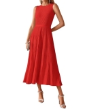BTFBM Women Tank Midi Dress Summer Crewneck Sleeveless Pleated A Line Business C