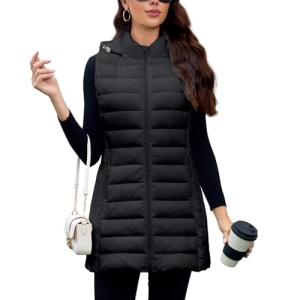 MODERN BUBBLE Long Puffer Vest Women with Hood Lightweight Packable Sleeveless V