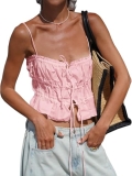 Tankaneo Womens Summer Tie Front Crop Tops Cute Ruffle Ruched Spaghetti Strap Ta