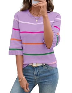 LOMON Sweaters for Women Trendy Crew Neck Fashion Striped Bell Sleeve 3/4 Sleeve