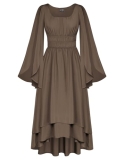 Women Renaissance Costume Split Bell Sleeve Double Layered High Low Dress Brown