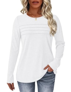 NORACORA Long Sleeve Shirts for Women Pleated Dressy Crew Neck Casual Business B