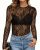 Women’s Mesh Tops Long Sleeve Sheer Shirt See Through Blouse,Black Petals,S