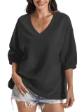 EasyGala Womens Cotton V Neck Sweatshirt 3/4 Sleeve Slouchy Fit Going Out Tops T