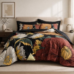 Tyrot Black Boho Floral Queen Comforter Set