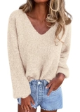 KIRUNDO Sweaters for Women Fall 2026 Oversized V Neck Cozy Cute Casual Long Slee