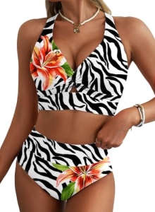 Herseas Women’s Bikini Sets Twisted Knot Top 2 Pieces Swim Suit High Waisted Cri