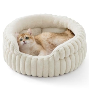 Bedsure ComfyFleece™ Washable Cute Cat Bed,Soft Round Kitten Bed,20in,Cream