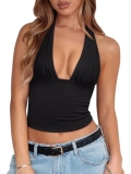 REORIA Women’s Halter Tops Plunge Neck Backless Double Lined Sexy Going Out Crop
