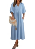 Dokotoo Summer Dresses V Neck Puff Sleeve Empire Waist A-Line Long Dresses for W