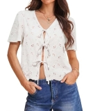 Totatuit Womens Cotton Tie Front Tops Boho V Neck Eyelet Shirt Embroidery Cute S
