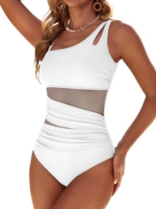 Dridreo Womens One Piece Swimsuits Tummy Control Mesh Ruched White Bathing Suit