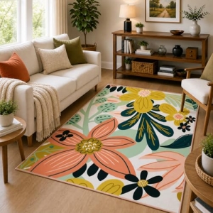 Tyrot Boho Floral 3×5 Washable Area Rug Flat Woven Ultra-Thin Low Pile Rug Non S