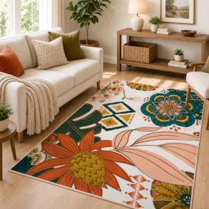 Tyrot Boho Floral 3×5 Washable Area Rug Flat Woven Ultra-Thin Low Pile Rug Non S