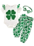 AMAWMW Baby Girl St Patricks Day Outfit Clover Ruffle Romper Pants Headband Set