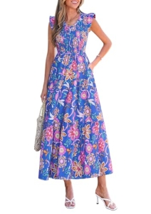 PRETTYGARDEN Women’s Smocked Boho Floral Maxi Dress, Blue,S