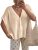 PRETTYGARDEN V Neck Batwing Short Sleeve Ribbed Knit Sweater Tops, Beige, S