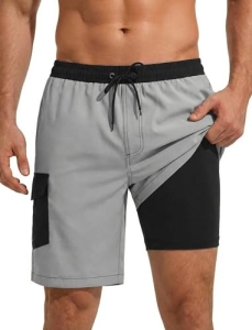 SILKWORLD Mens Swim Trunks with Compression Liner 9 Inch Grey L